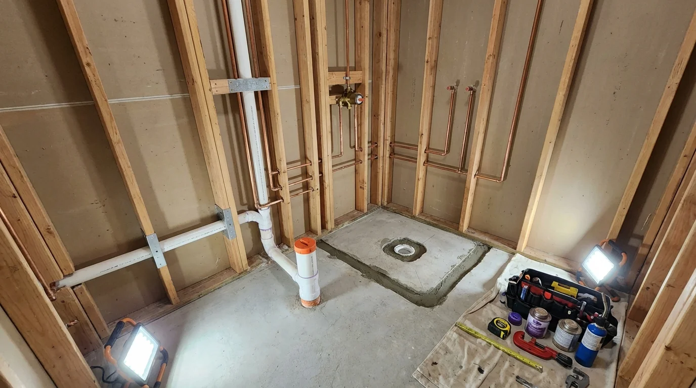 Bathroom rough-in plumbing during remodel by Johns Plumbing LLC in Emporia