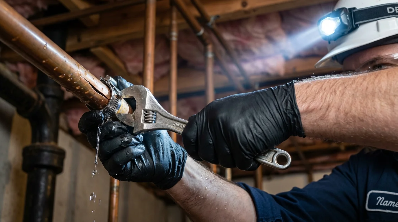 Emergency pipe clamp repair being performed by a Johns Plumbing LLC plumber in Emporia
