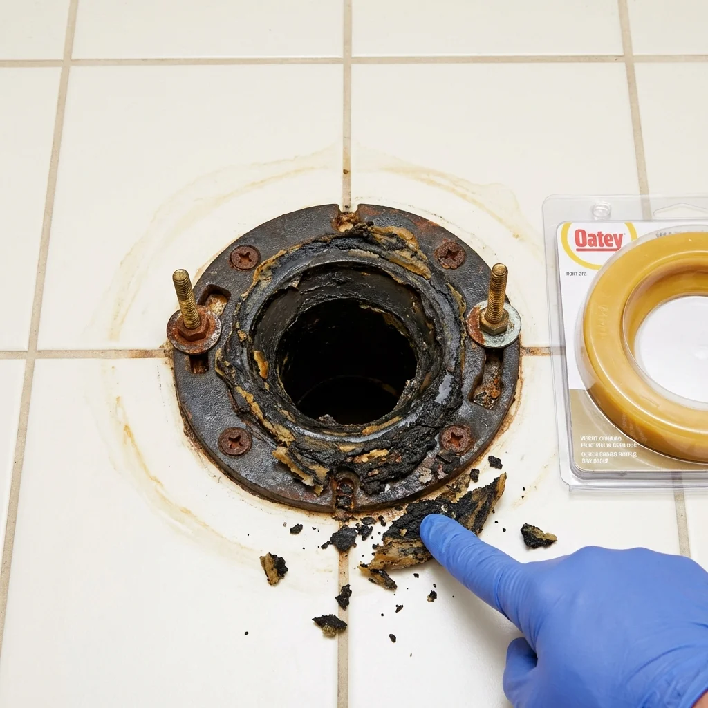 Failed wax ring showing water seepage at the base of a toilet in a Emporia, VA home
