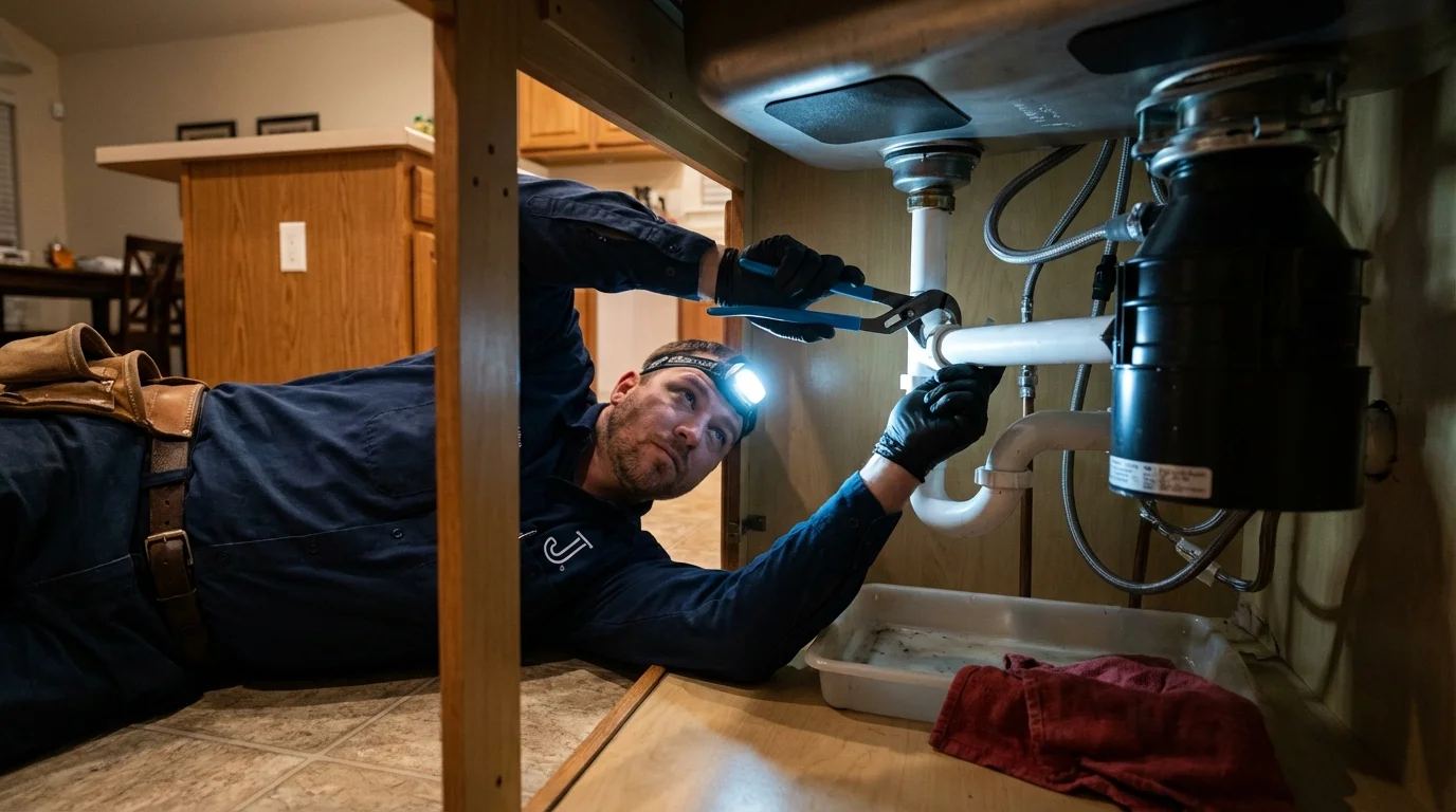 P-trap and supply line connections under a kitchen sink showing a common leak point in Emporia, VA